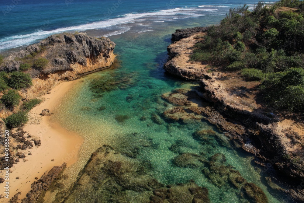 Obraz premium Aerial view of a tranquil beach with turquoise water, framed by rocky cliffs and lush greenery.