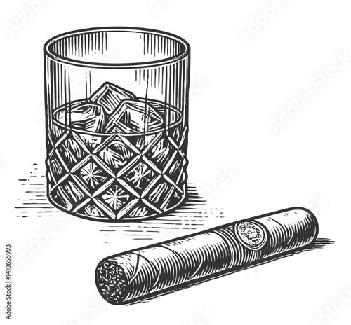 classic cigar resting on an ashtray, accompanied by a whiskey glass with ice and a cigar cutter sketch engraving generative ai vector illustration. Scratch board imitation. Black and white image.