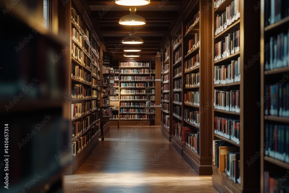 Rows of books create a tranquil atmosphere in a sunlight-filled library corridor Rows of books create a tranquil atmosphere in a sunlight-filled library corridor