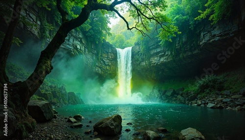 Wallpaper Mural Majestic waterfall cascading into tranquil green pool Torontodigital.ca