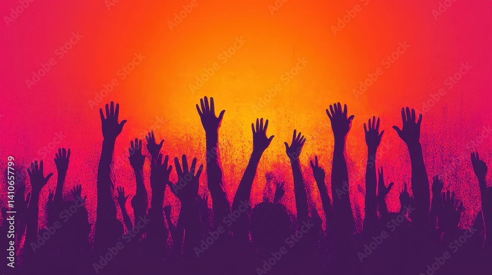 Vibrant silhouetted crowd with raised hands against a colorful sunset sky Vibrant silhouetted crowd with raised hands against a colorful sunset sky