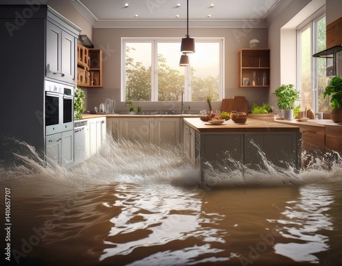kitchen with a flooded floor water intrusion unexpected home disaster deluge and flood splash and spray insurance
