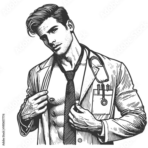 male doctor pulling open his coat to show off a fit, sculpted torso with stethoscope sketch engraving generative ai vector illustration. Scratch board imitation. Black and white image.