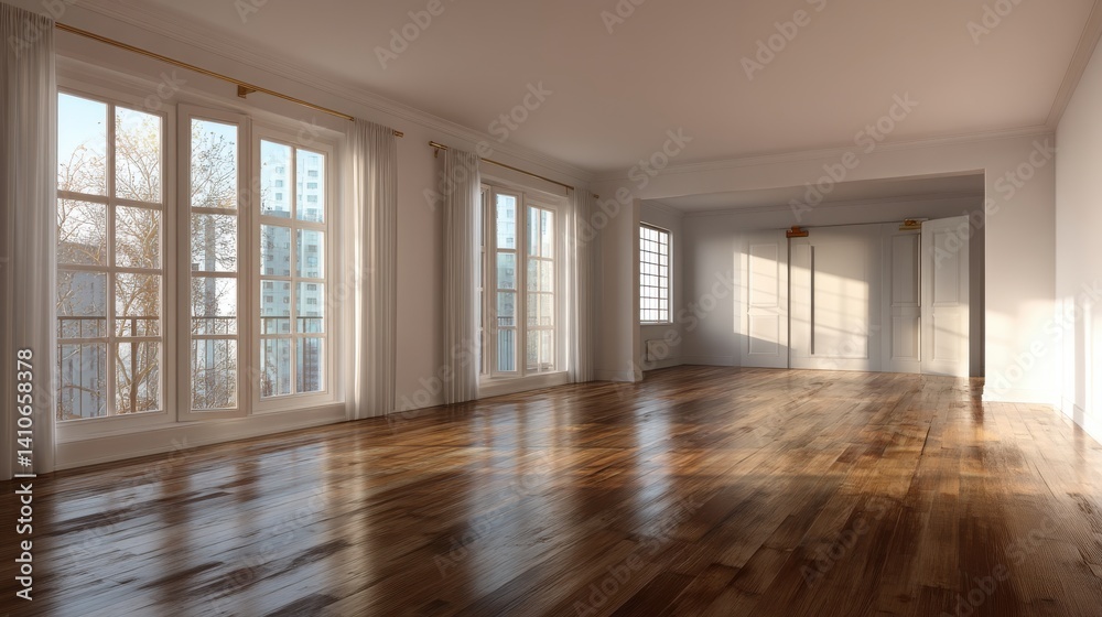 Fototapeta premium Sunlit empty room with hardwood floors and large windows. The natural light creates a warm and inviting atmosphere.