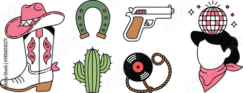  Western Themed Icons: Cowboy Boots, Lasso, Cactus, Horseshoe, and Record
