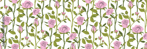 Beautiful flowers seamless pattern. Delicate pink rose with stem and leaves, small bud. Botanical spring pattern. For wallpaper, textiles. Coquette Aesthetic style. Elegant vintage Vector illustration