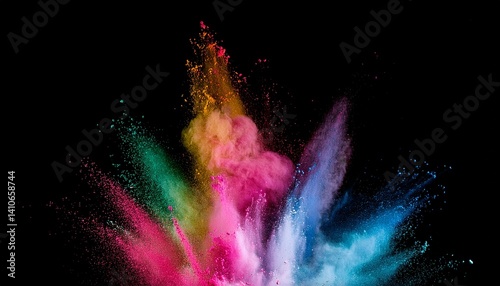Freeze motion shot of color powder explosion isolated on black background