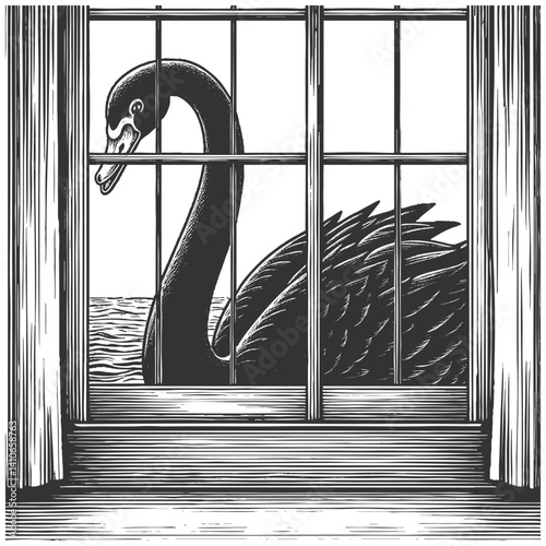black swan outside a window, symbolizing rare and unforeseen events approaching from beyond the visible horizon sketch engraving generative ai vector illustration. Scratch board. Black and white image