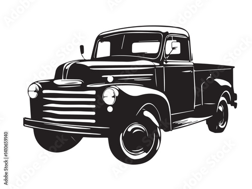 Vintage classic pickup truck silhouette. Black silhouette of a pickup truck isolated on white background. Vector silhouette.	
