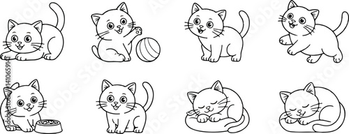  Cute Kitten Outline Illustration, Various Cat Poses and Playful Actions, Sleeping, Eating, Playing, and Relaxing, Cat Characters for Kids
