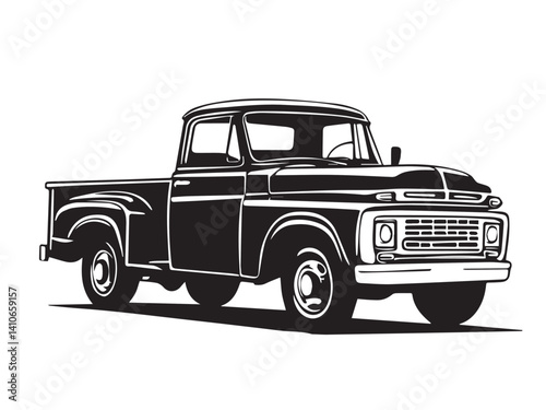 Vintage classic pickup truck silhouette. Black silhouette of a pickup truck isolated on white background. Vector silhouette.	