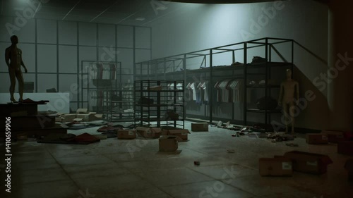The stores interior shows significant destruction as thieves have ransacked shelves, leaving clothing scattered on the floor and unorganized boxes throughout the space.