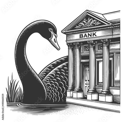 giant black swan next to a classical bank building, symbolizing rare and catastrophic financial events sketch engraving generative ai vector illustration. Scratch board imitation. Black and white.