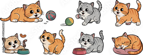  Cute Kittens Playing, Sleeping, and Eating, Illustrated Cat Characters, Adorable Cats with Toys, Food Bowls, and Playful Poses