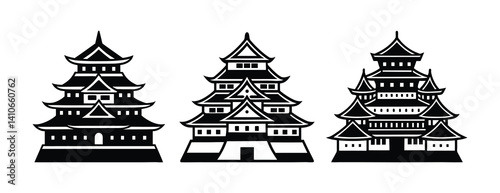 A set of three Japanese castle vector silhouette designs.