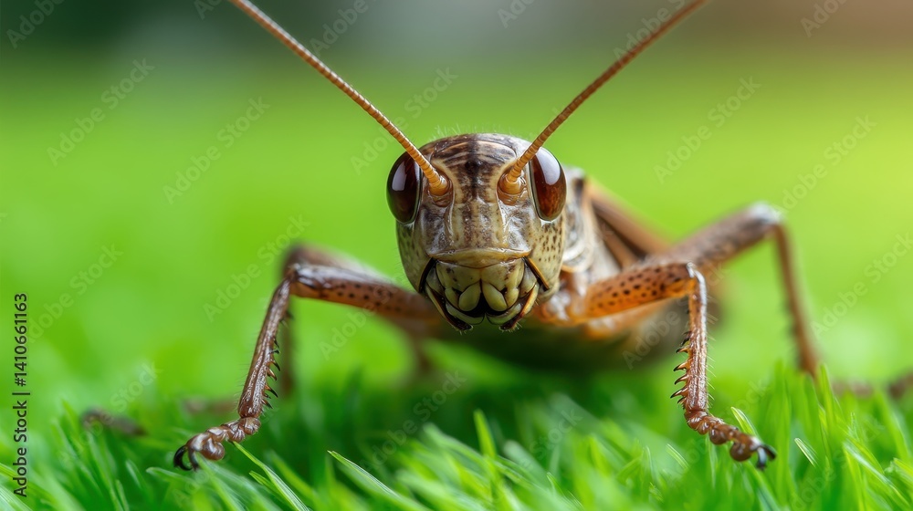 A detailed macro shot of a grasshopper perched on lush green grass, showcasing its intricate features and textures in vibrant natural lighting. A detailed macro shot of a grasshopper perched on lush green grass, showcasing its intricate features and textures in vibrant natural lighting.