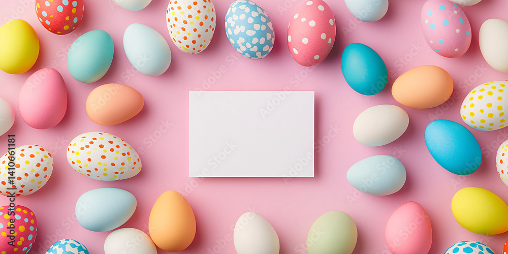 Various Easter eggs surround white text frame. colorful bright background. easter. spring. holiday