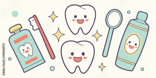 Dental Practice Vector with Cute Tooth Characters, Toothbrush, Mouthwash & Tools