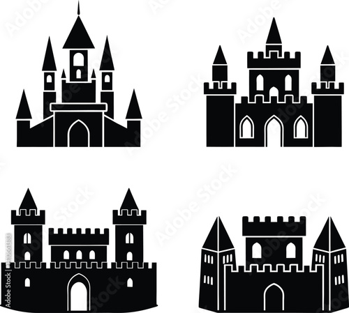 A set of four castle vector silhouette designs.