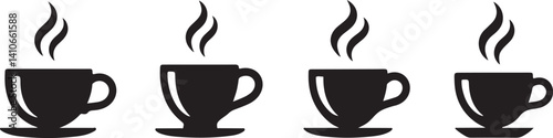  Black Coffee Cups Set with Steam: Simple Icons for Hot Beverage Theme