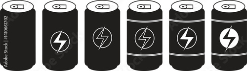Energy drink can icon set. Soft drink symbol, Soda can vector icons isolated on transparent background. Lightning bolt symbol on beverage can for sports, fitness, and active lifestyle themes.