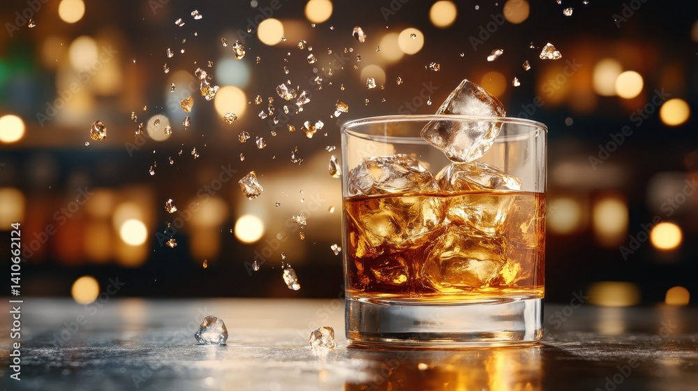 An exciting capture of ice cubes splashing into a glass filled with a cocktail, showcasing motion and energy against a warm, glowing background that conveys fun. An exciting capture of ice cubes splashing into a glass filled with a cocktail, showcasing motion and energy against a warm, glowing background that conveys fun.
