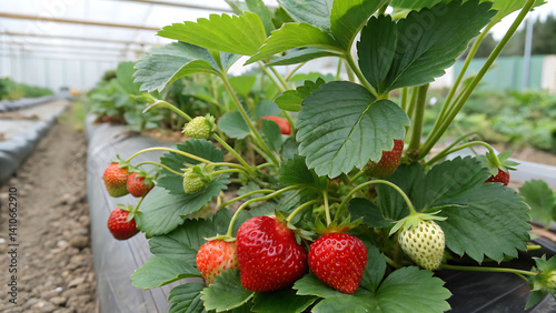 Industrial food production of strawberries in a greenhouse in the Netherlands. Closeup of red and green strawberries in a glasshouse under a blue sky.
