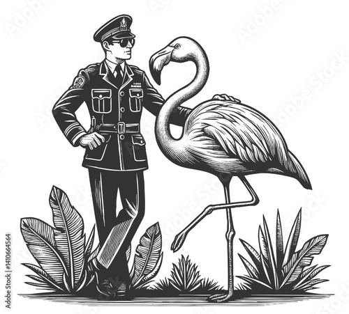 Police officer saluting next to a flamingo, both striking proud and elegant poses in unison sketch engraving generative ai fictional character vector illustration. Scratch board. Black and white image