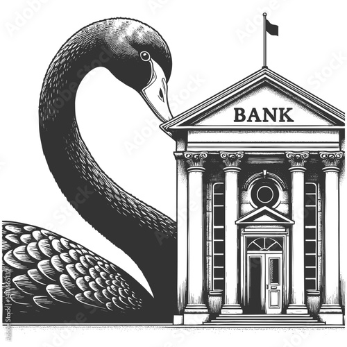 giant black swan next to a classical bank building, symbolizing rare and catastrophic financial events sketch engraving generative ai vector illustration. Scratch board imitation. Black and white.