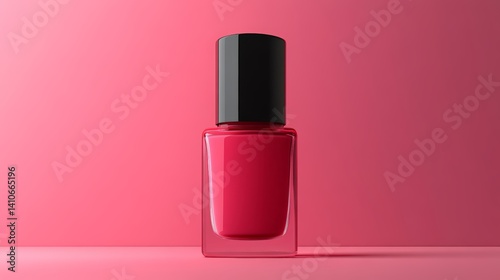 Vibrant red nail polish bottle against pink background
