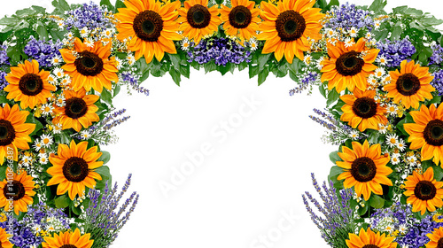 Vibrant sunflowers and lavender create a stunning floral arch, perfect for invitations, greeting cards, or website headers.