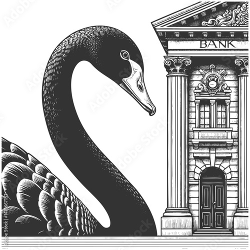 giant black swan next to a classical bank building, symbolizing rare and catastrophic financial events sketch engraving generative ai vector illustration. Scratch board imitation. Black and white.