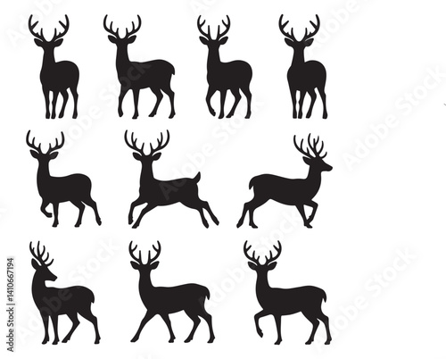 set of deer silhouettes on white background.