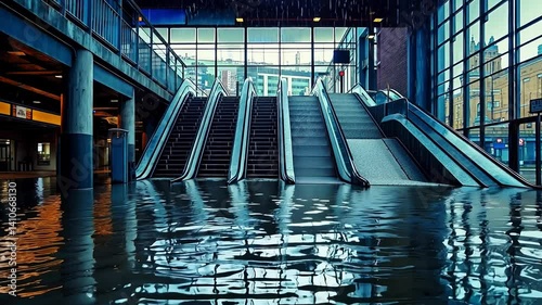 An escalator in a flooded building with water on the ground