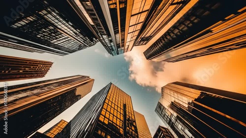 Skyscrapers from below. Glass and steel architecture. Dramatic sky