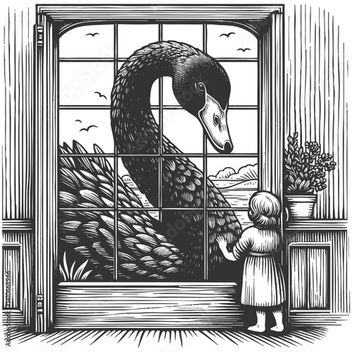 black swan outside a window, symbolizing rare and unforeseen events approaching from beyond the visible horizon sketch engraving generative ai vector illustration. Scratch board. Black and white image