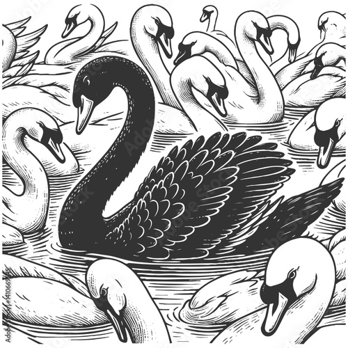 black swan surrounded by white swans, representing an outlier, rarity, or unexpected disruptive force sketch engraving generative ai vector illustration. Scratch board imitation. Black and white image