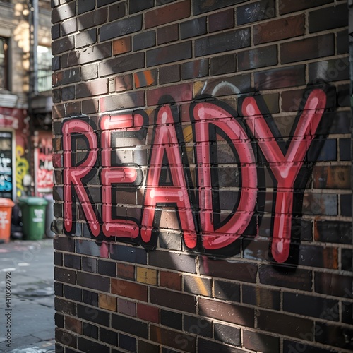 Graffiti that says ready on brick wall