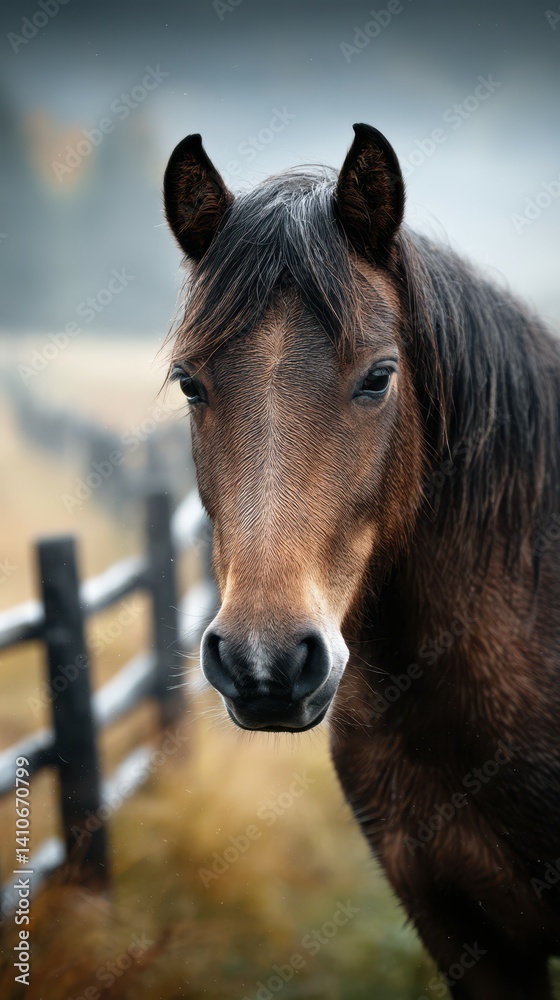 Naklejka premium Majestic brown horse standing near wooden fence in a misty rural landscape during early morning light