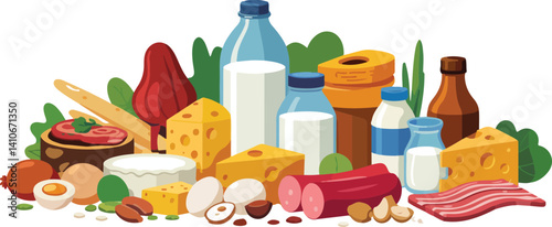   Assorted Dairy, Meat, and Food Ingredients, Eggs, Milk, Cheese, Bacon, and More, Organic and Fresh Foods, Healthy Eating Concept
