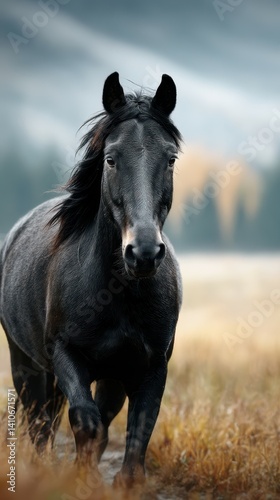 Majestic black horse galloping through tall golden grass during misty morning in serene countryside