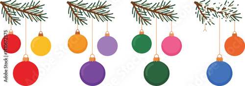  Colorful Christmas Ornaments Hanging from Pine Branch, Festive Holiday Decorations, Christmas Tree, Ornament Set for Christmas Celebration