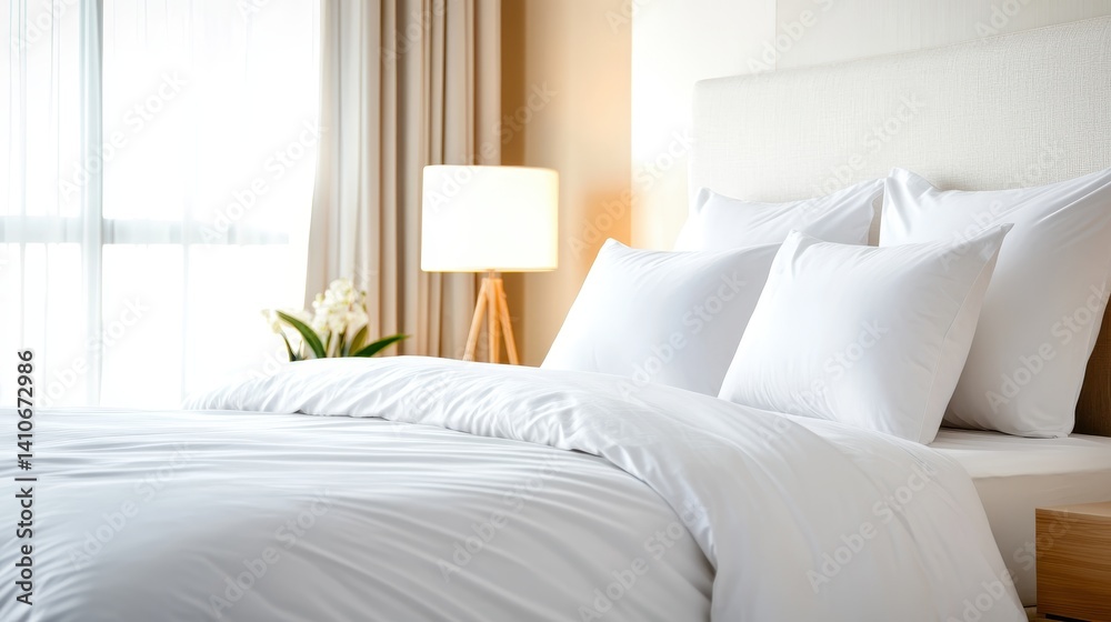 An inviting modern bedroom featuring soft white bedding, warm lighting, and potted plants, creating a perfect space for comfort and relaxation after a long day. An inviting modern bedroom featuring soft white bedding, warm lighting, and potted plants, creating a perfect space for comfort and relaxation after a long day.