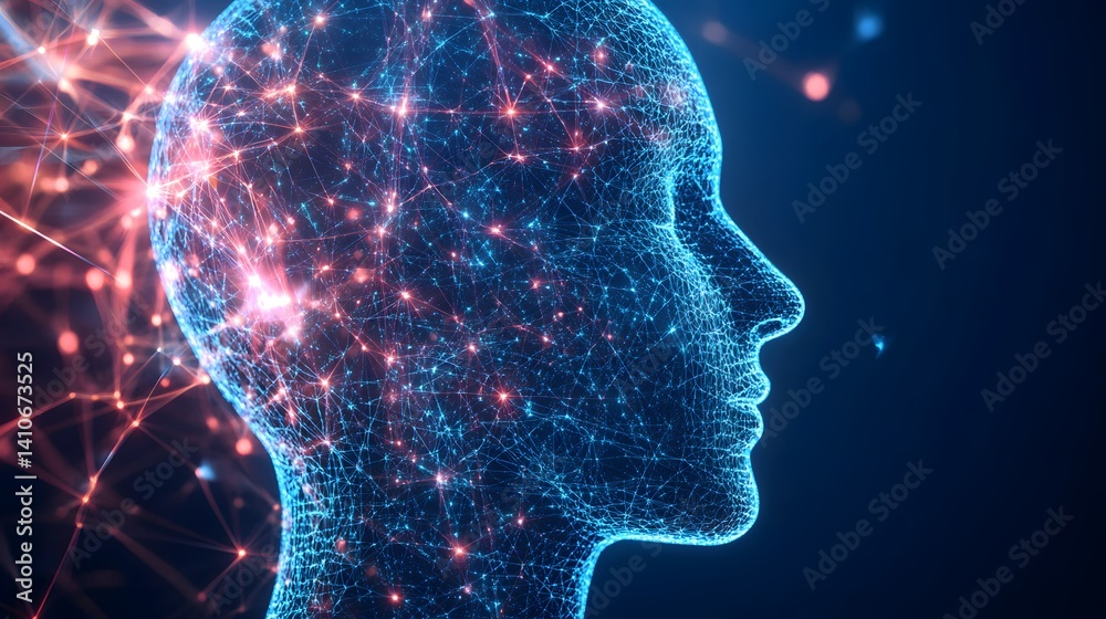 Digital Mind: An ethereal, digital rendering of a human head, constructed from shimmering lines and connected dots, with an ethereal glow emanates from within. Digital Mind: An ethereal, digital rendering of a human head, constructed from shimmering lines and connected dots, with an ethereal glow emanates from within.