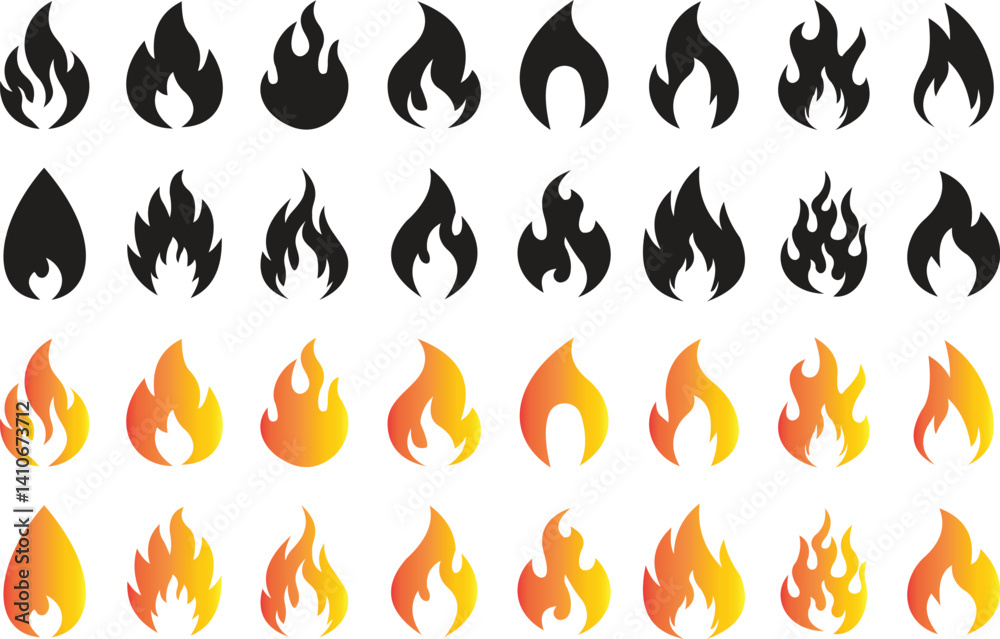 Fire flame flat icon set. Bonfire silhouette logotype. Burning fire flame icons collection isolated on transparent background. Campfire element vector illustration.