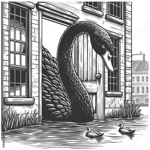 giant black swan stepping out of a doorway into a canal, symbolizing unexpected disruption and change sketch engraving generative ai vector illustration. Scratch board imitation. Black and white image