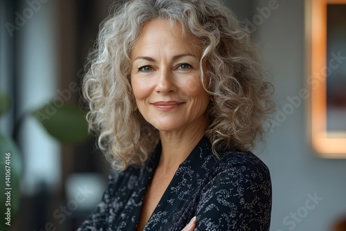 An elegant portrait of a mature woman exudes confidence, her silver curls framing a serene, smiling face. The soft light enhances her natural beauty.