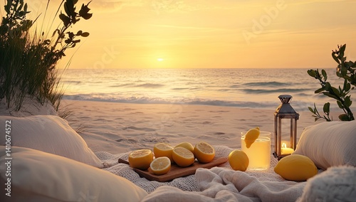 Sunset beach picnic with lemons, and lemonade.