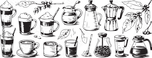  Black and white illustrations of coffee cups, brewers, grinders, and coffee-related equipment. Perfect for beverage-themed projects, coffee businesses, and barista services.