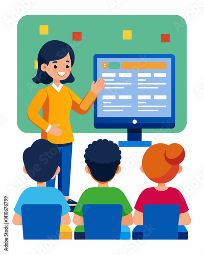 A teacher leading a lesson on debugging techniques using a graphical programming tool to help students identify and fix errors in their code.. Vector illustration